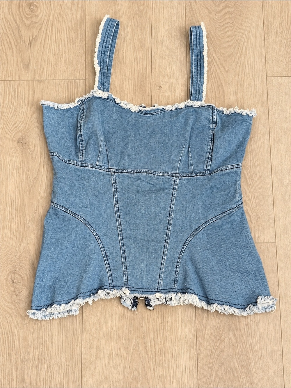 VENUS Denim Corset Bustier Top Size 6 Blue Jean Peplum Frayed Y2K Western